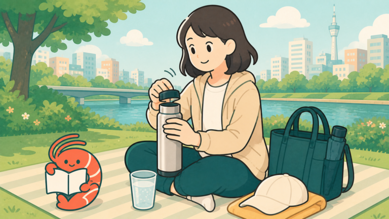 公園で炭酸対応ボトルを立てて開ける人のイラスト
