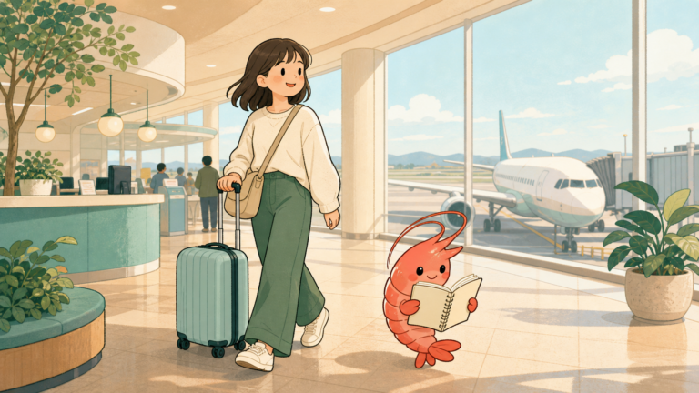 国内線の空港で機内持ち込みスーツケースを持つ旅行者のイラスト