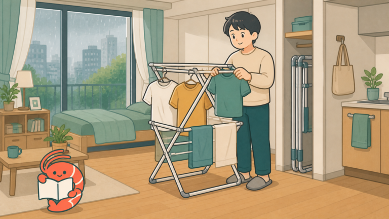 ワンルームで折りたたみ室内物干しを広げる人のイラスト