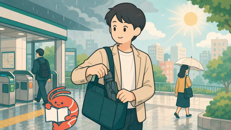 雨上がりの駅で折りたたみ傘を通勤バッグへしまう人のイラスト