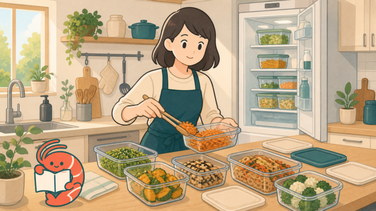 週末の作り置きをガラス保存容器へ分ける人のイラスト