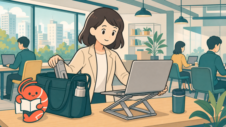通勤バッグから折りたたみ式ノートパソコンスタンドを取り出して設置するイラスト
