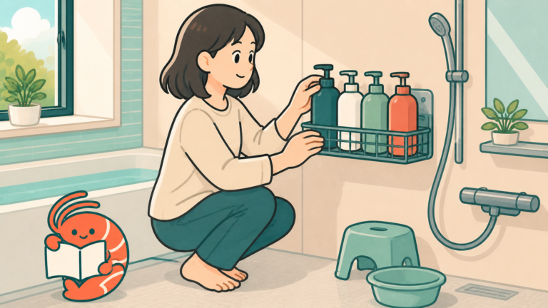 浴室の壁面バスケットに家族分のボトルをまとめる人のイラスト