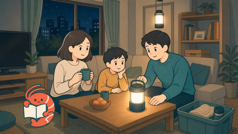 停電したリビングで充電式LEDランタンを囲む家族のイラスト