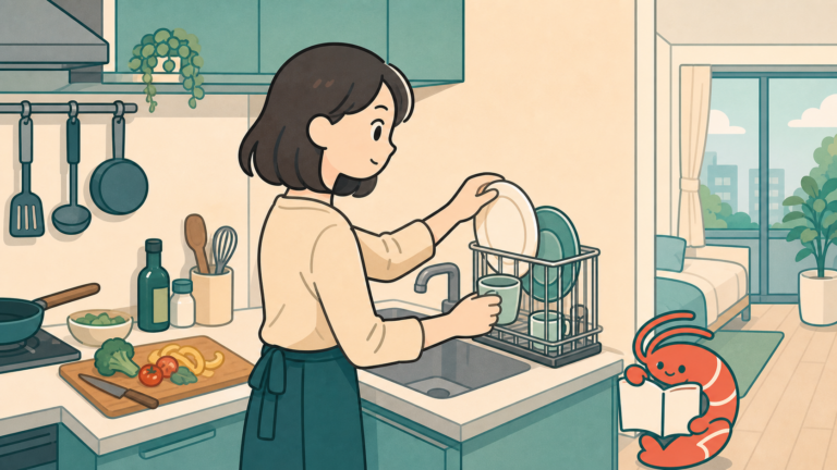 狭いキッチンでスリムな水切りラックへ食器を置く人のイラスト