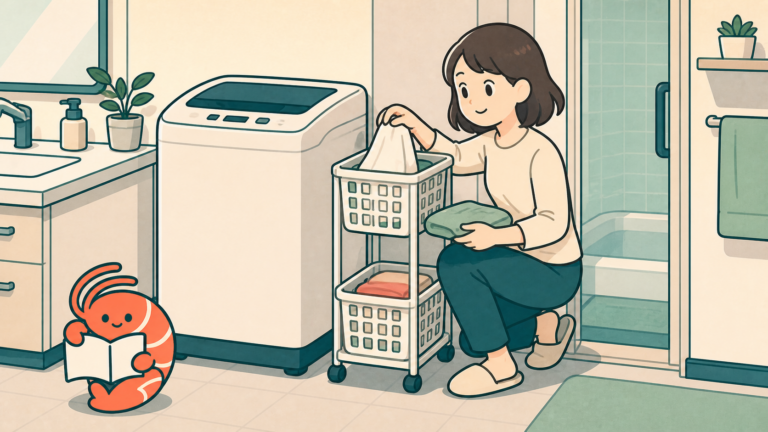 洗濯機横のすき間に置いたスリムな2段ランドリーバスケットへ衣類を分ける人のイラスト