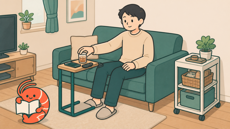 狭いリビングでソファ横のサイドテーブルを使う人のイラスト