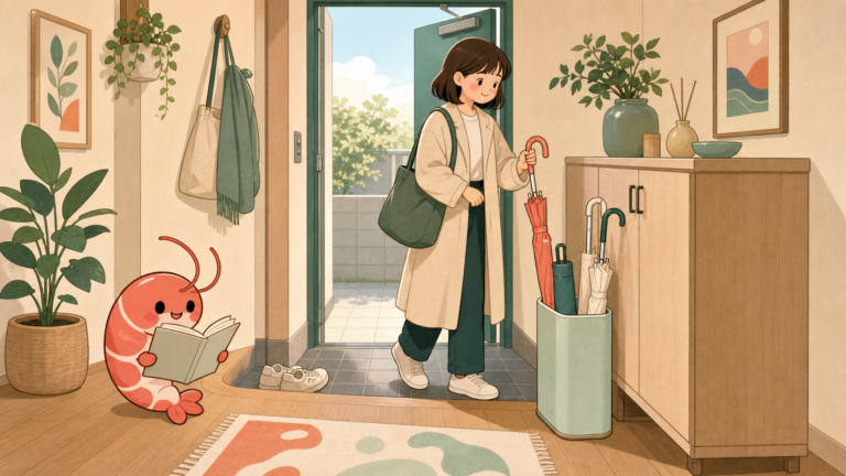 狭い賃貸玄関でスリム傘立てに傘をしまう人のイラスト