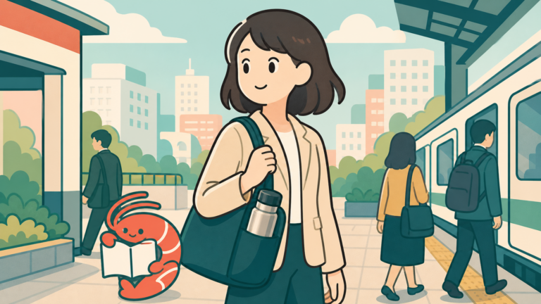 通勤バッグにステンレスボトルを入れて駅へ向かう人のイラスト