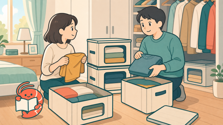 2人で衣替えの衣類を折りたたみ収納ボックスへ整理するイラスト