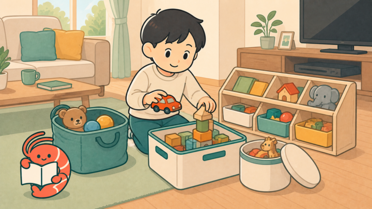 リビングで子どもがおもちゃを収納ボックスへ片づけるイラスト