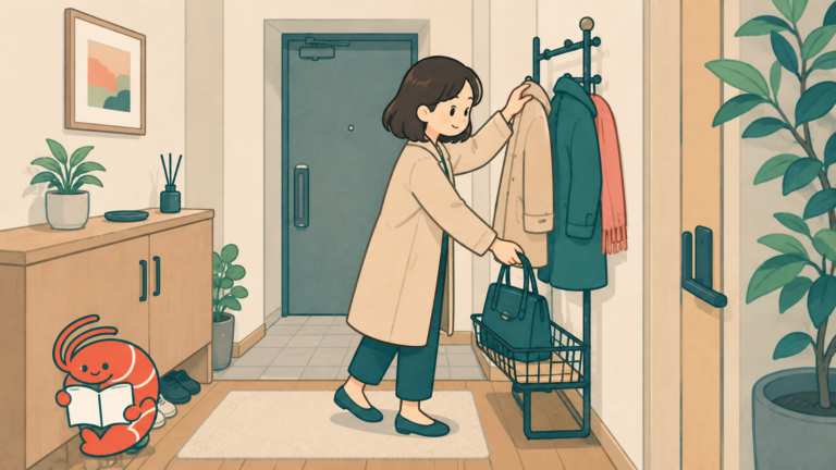 狭い玄関でコートとバッグをコートハンガーへ収納する人とエビのマスコットのイラスト