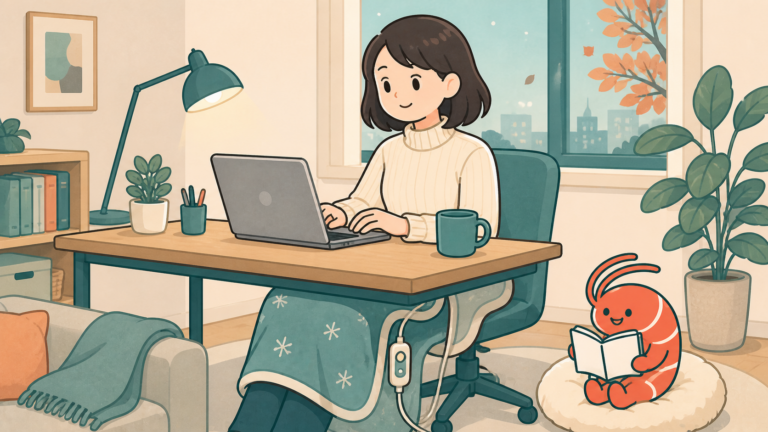 在宅ワーク中に電気ひざ掛けを使う人とエビのマスコットのイラスト