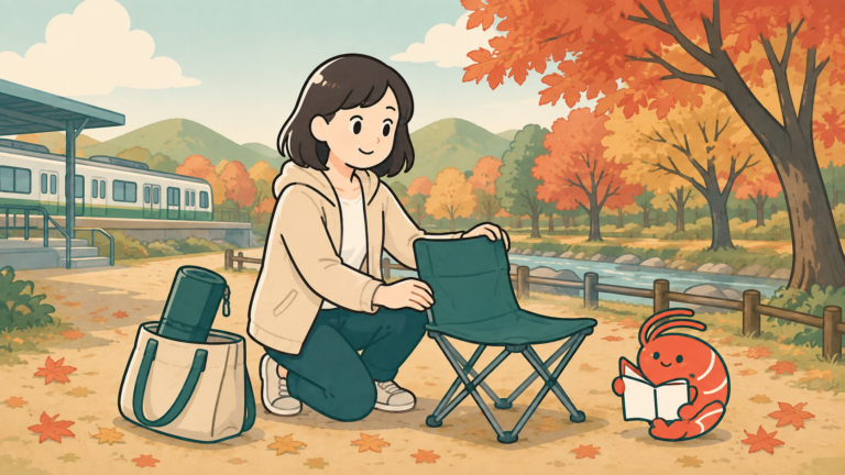 紅葉の公園で折りたたみチェアを準備する人とエビのマスコットのイラスト