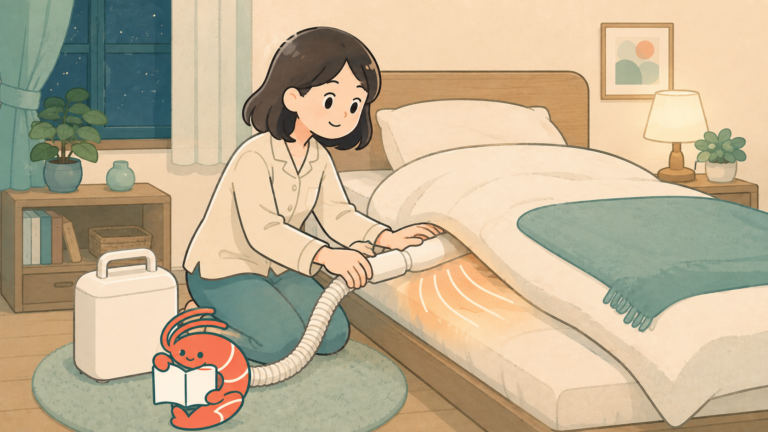 就寝前にふとん乾燥機で布団を温める人とエビのマスコットのイラスト